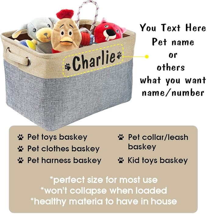 PET ARTIST Collapsible Dog Toy Storage Basket Bin with Personalized Pet's Name - Rectangular Storage Box Chest Organizer for Dog Toys,Dog Coats,Dog Clothing,Dog Apparel and Accessories,Grey
