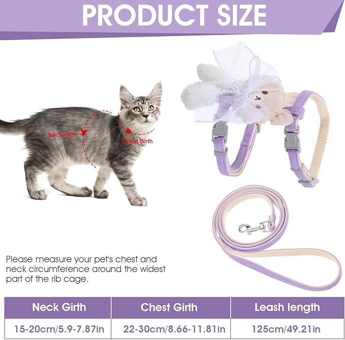 TIESOME Cat Harness and Leash Set, Adjustable Gradient Kitten Harness Escape Proof Harness with Leash for Kitty Outdoor Walking (Ribbon Bear Purple)