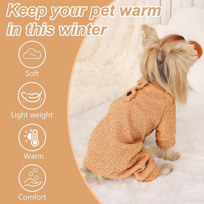 Dog Sweaters for Small Dogs Winter Dog Pajamas Sized Dogs Boy Girl Fleece Pet Clothes Puppy Outfit 4 Legs Jumpsuits for Chihuahua Yorkie Cat Apparel (Khaki, XX-Small)