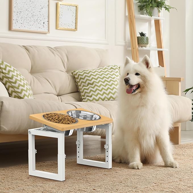 Dog Bowls Elevated, 4 Height & Angle Adjustable Raised Dog Bowl Stand, Elevated Dogs Bowl Stand For Medium Sized Pet, Sturdy Bamboo Dogs Feeding Station With 2x 48oz(6cup) Stainless Steel Dishes,White