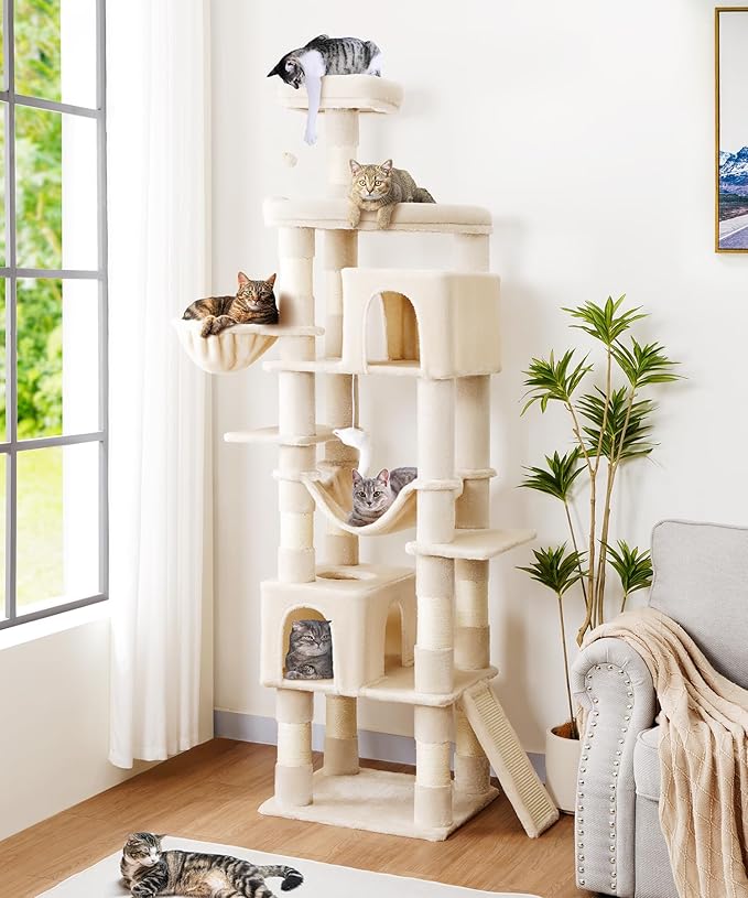 AMHANCIBLE Heavy Duty Cat Tree for Indoor Cats Large Adult 20 lbs+, 83 Inch Multi-Level Tall Cat Tower with Scratching Post and Board, Hammock, Condos, Hanging Basket, Beige, PT21BG