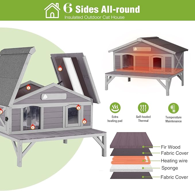 GUTINNEEN Heated Cat House Large Insulated Cat House Outdoor Weatherproof Feral Cat Shelter with Heated Pad, Insulated All-Round Thermal Liner for 1-4 Cats (Winter-Ready)