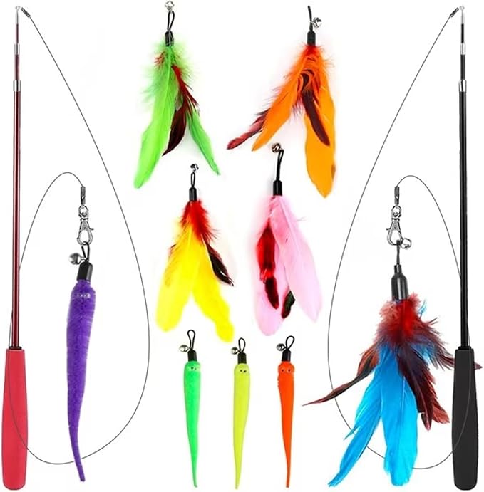 Vila Cat Feather Teaser Wand, Interactive Training and Exercise Wand Wonder, for Kittens and Adult Felines, Suits All Breeds and Sizes, 2 Retractable Poles, Worm Attachments and Strings