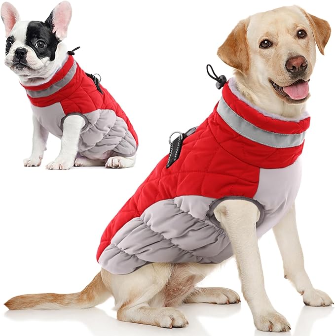 AOFITEE Dog Coat, Warm Dog Winter Coat, Reflective Turtleneck Large Dogs Jacket with Harness Built in, Turtleneck Pet Winter Jacket, Waterproof Pet Snow Jackets Fleece Vest, Christmas Red XL