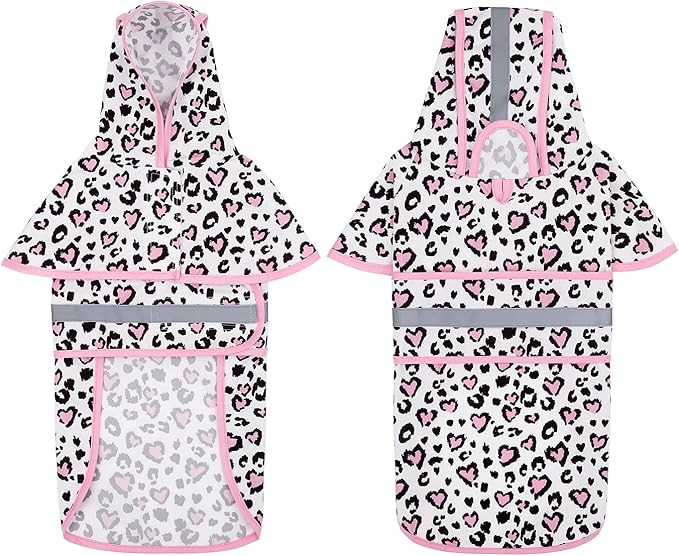 HDE Dog Raincoat Jacket Reflective Adjustable Hooded Pet Poncho Rain Coat with Leash Hole for Small to X-Large Dogs Leopard Hearts - XL