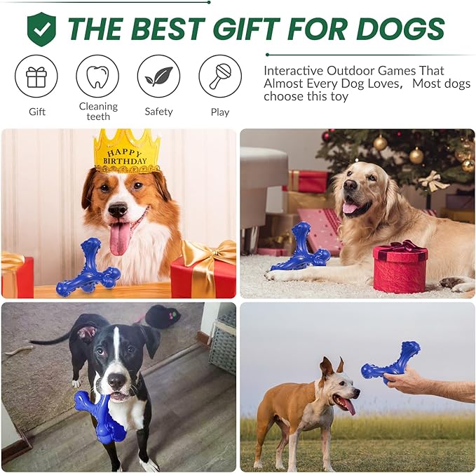 Dog Chew Toys for Aggressive Chewers Large Breed,Indestructible Bones Toy，Durable Cleaning Toothbrush Natural Rubber Dog Toys… (Deep Blue)