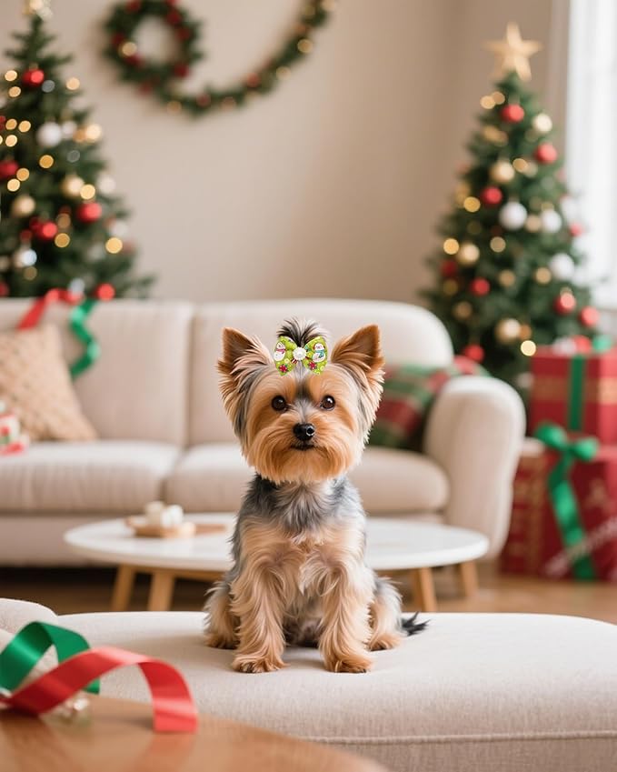 PET SHOW 10 Pack 2" Christmas Small Dogs Hair Bows with French Clips Rhinestone Yorkie Barrette Clip Bowknot for Medium Dogs Puppy Pet Xmas Topknot Cat Grooming Hair Accessories