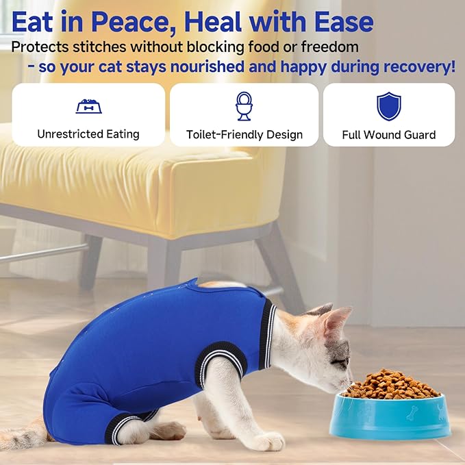 Stress-Free Cat Recovery Suit for Female Cats - Vet-Backed E-Collar Alternative, Anti-Lick & Rear Access Design RoyalBlue S