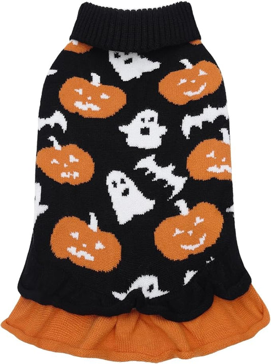 CuteBone Halloween Dog Sweater Dress for Small Dogs Girl, Pumpkin Dog Costume for Medium Large Dogs, Pullover Pet Winter Clothes Ruffle Dress Cat Apparel DS102XL