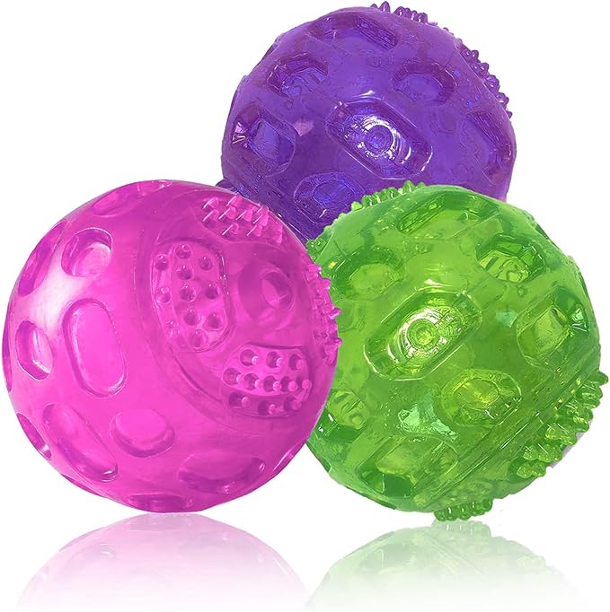 3'' Squeaky Dog Toy Balls for Lagre Medium Puppy, Indestructible Dog Balls for Playing, Fetching & Retrieving, Durable Aggressive Chewers, 3 PCS Green+Purple+Red