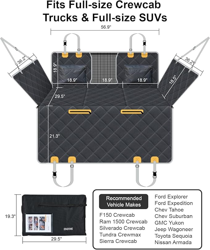 Back Seat Extender for Dog, Waterproof Dog Car Seat Cover for Back Seat, Hard Bottom Car Seat Cover, Large Space Hammock for Full-Size Crewcab Trucks, Pet Seat Cover Holds 450lbs(Grey)