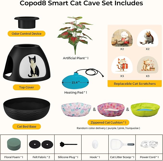 Copod8 Cat Bed Heated Pet Cave 4-in-1 Kitty Warming House Condo with Replaceable Scratching Board, Heating Pad and Air Purifier for Indoor Cats Rabbits Guinea Pigs Small Dogs (Black)