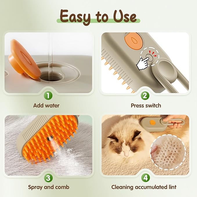 2026 Upgraded 4-in-1 Pet Steam Groomer Brush for Cats & Dogs, Massaging Steam Brush for Shedding Hair Removal, Cleaning & Grooming Comb (Brown)