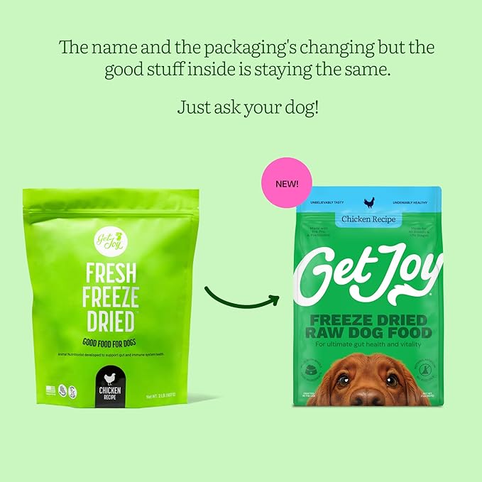 Get Joy Freeze Dried Raw Chicken Dog Food, High Protein Grain Free Meal, Topper & Treat, Gut Health Support with Probiotics, Small to Large Breed, 16oz Bag