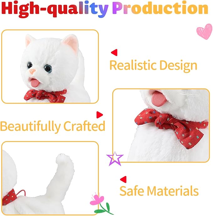 White Leash Walking Cat Set Interactive Talking Cat Singing Dancing Kitten Mimicking Repeat What You Say Kitty Touch and Voice Control Nodding Wagging Tail Plush Electric Kitty for Kid Gril