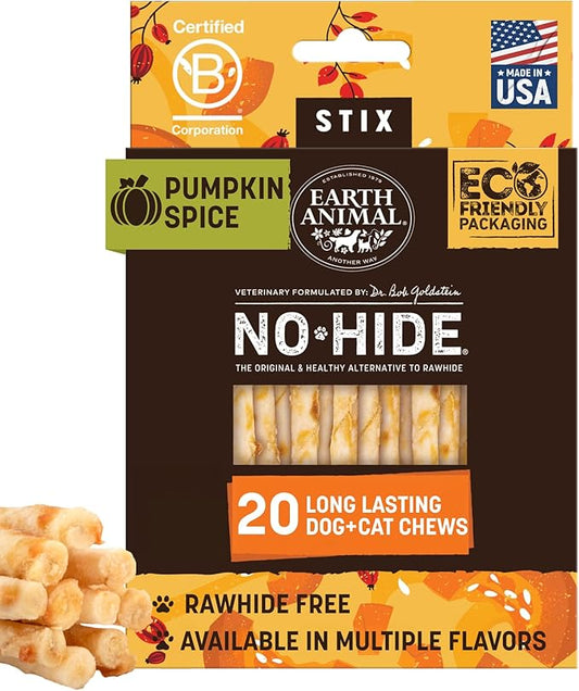 Earth Animal No Hide Stix - Long Lasting Rawhide Free Small Dog Chews Sticks, Pumpkin Spice - 20 Count Value Pack