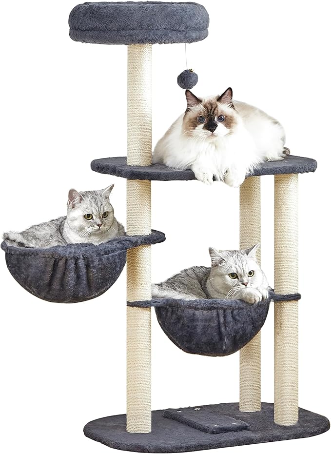 Cat Tree Tower for Indoor Cats Large Adult - 42 Inch Small Cats Condo Bed with Scratching Post Hammock Perch - Medium Multi Level Cat House for 2 Kitty Kitten - Grey Tall Climbing Towers Furniture