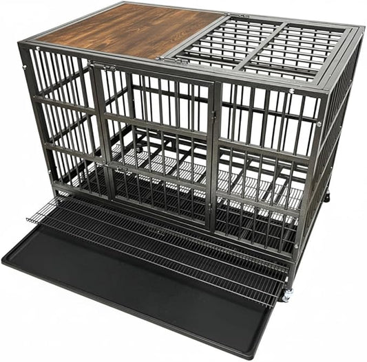 54/48/42/38 Inch Heavy Duty Funiture Dog Crate with Wheels, Indestructible and Escape Proof Wooden Kennel Indoor for High Anxiety Dogs with Double Door and Tray, Extra Large XL XXL