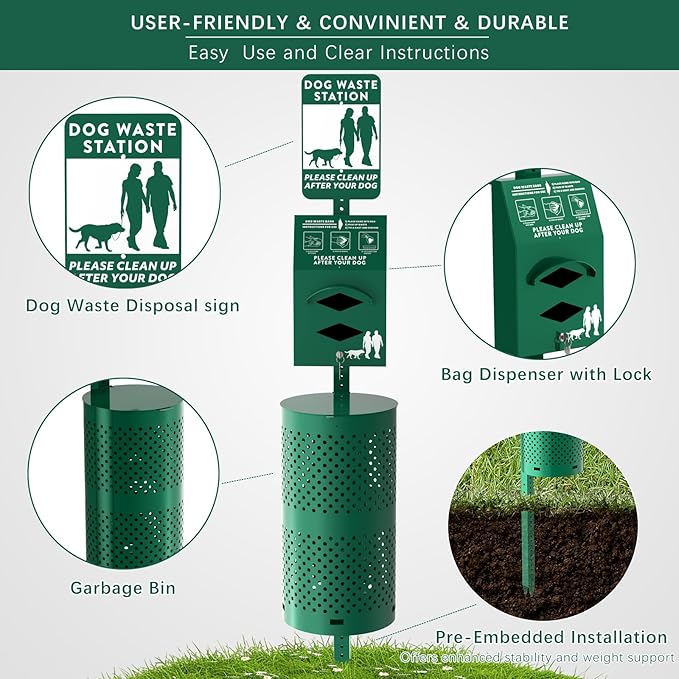 POCHAR Aluminum Rustproof Dog Waste Disposal Station for Pet Parks – 10 Gallon Outdoor Pet Poop Station with Reflective Sign & Lid – Durable Trash Bin for Backyard Dog Waste