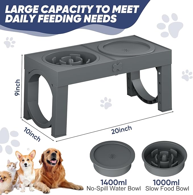 XIAZ Slow Feeder Dog Bowl Elevated Food and Water Bowl Stand for Large Medium Sized Dog, 4 Heights Adjustable, Non-Slip, Durable, Prevents Bloating & Improves Digestion for Dogs