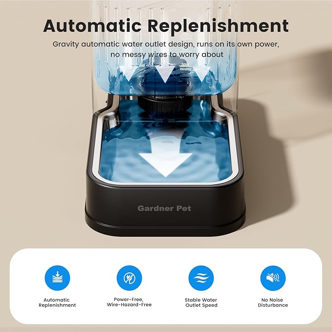 Gardner Pet Automatic Dog Water Dispenser Gravity Waterer with Stainless Steel Bowl Water Dispenser 8.5L Large Capacity Water Feeder with Filters for Dogs Cats Pets, BPA-Free Noise-Free (Black, 8.5L)