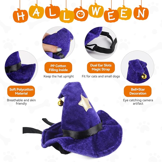 PETLESO Cat Wizard Hat Pet Halloween Costumes Witch Cosplay Outfit with Bell for Small Dogs, Cats & Rabbits, Adjustable, Purple
