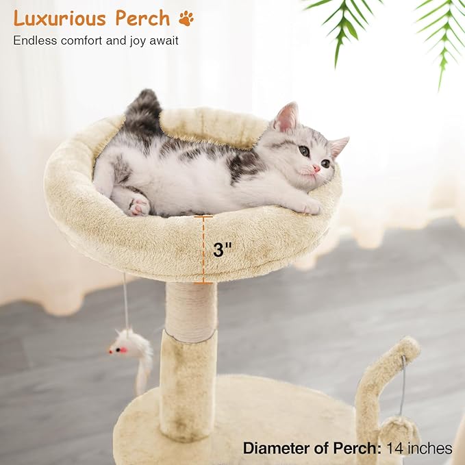 Large Cat Tree Tower with Scratching Post, Modern Kitten Tower for Indoor Cats, 32 Inch Tall Carpet Sisal Cat Scratcher Stand with Big Bed Perch,Scratch Ramp, Ball Toy for Kitty (Beige)