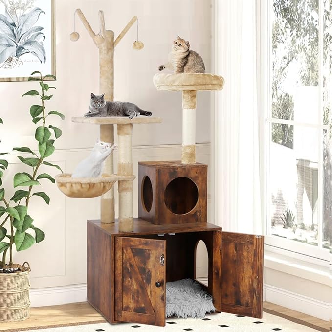 Cat Tree Tower with Litter Box Enclosure, 2-in-1 Wooden Cat Condo with Sisal Scratching Post, Hammock, Brown