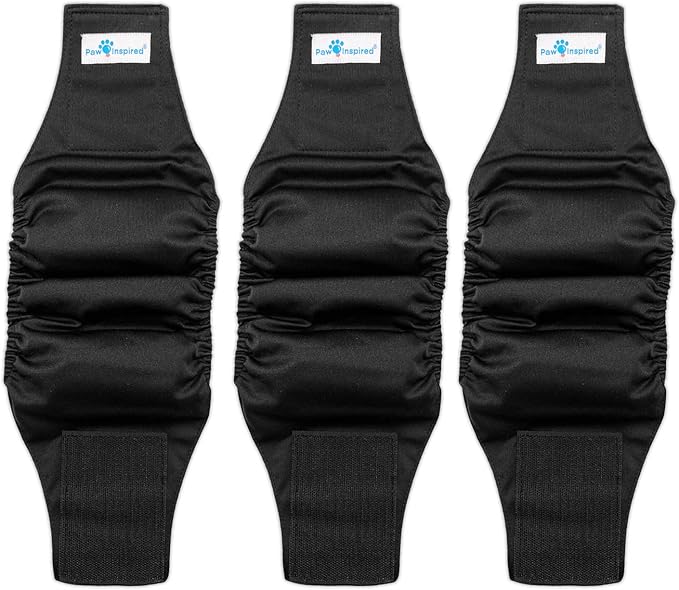 Paw Inspired 3-Count Reusable Male Dog Wraps, Washable Diapers for Male Dogs, Belly Bands for Incontinence, Surgery, Male Marking (Small Size, Black Color with Black Lining, Pack of 3)