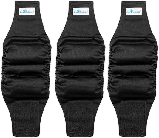 Paw Inspired 3-Count Reusable Male Dog Wraps, Washable Diapers for Male Dogs, Belly Bands for Incontinence, Surgery, Male Marking (Small Size, Black Color with Black Lining, Pack of 3)
