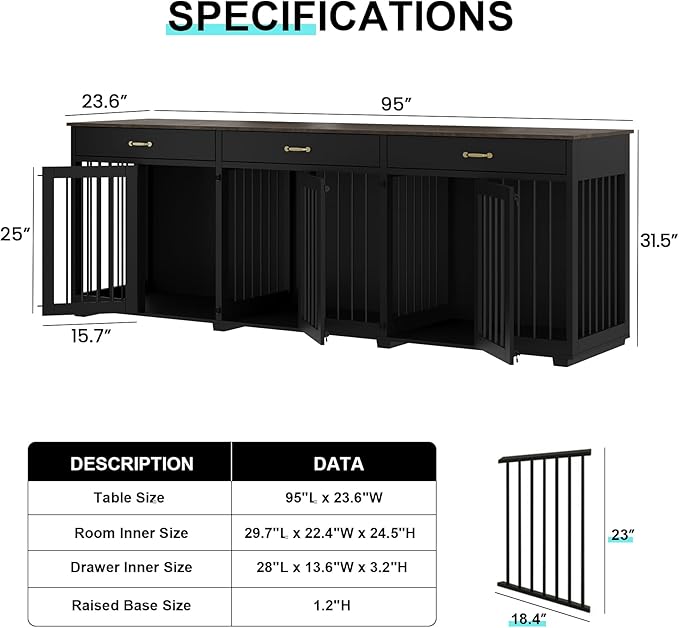 Dog Crate Furniture - Indoor Wooden Dog Kennel Crate Furniture with 2 Dividers, 3 Drawers, and 3 Lockable Doors - 95"x23.6"x31.5"H, Black