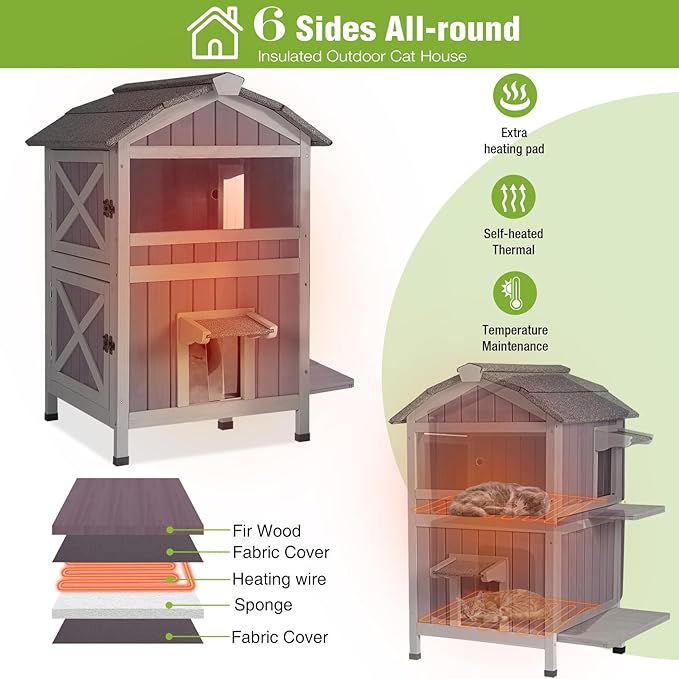 GUTINNEEN 2 Story Large Heated Cat House Outdoor Insulated Cat House Weatherproof Feral Cat Shelter with Safe Heating Pad, All-Round Thermal Liner for 1-5 Stray Barn Cats, 28.7" L x 24.2" D x 36.8" H