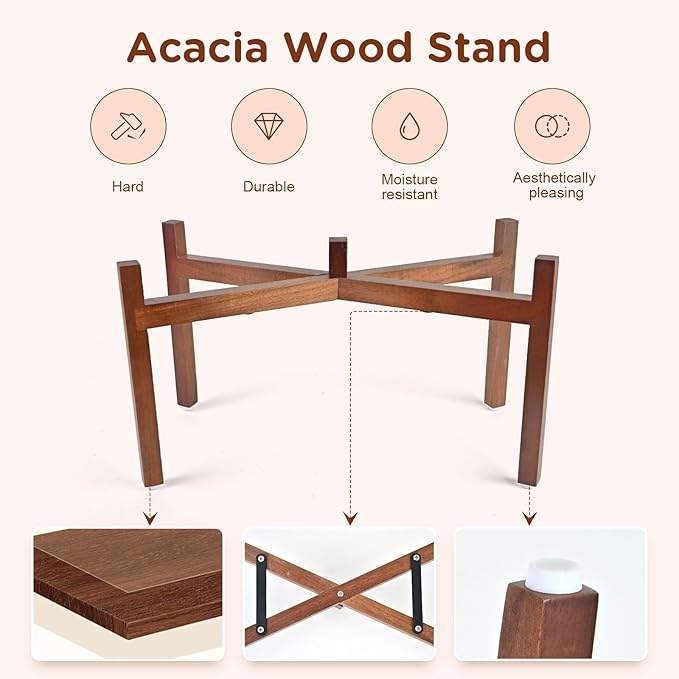 SPUNKYJUNKY Ceramic Dog Bowls with Acacia Wood Stand Raised Food and Water Bowl for Lage Dogs (21cm)