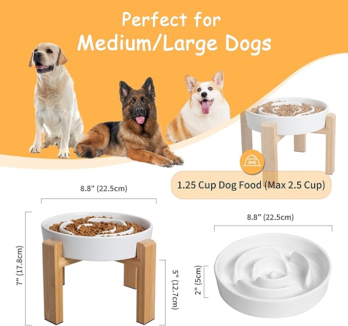 Elevated Slow Feeder Dog Bowl - Ceramic Food Dish with Bamboo Stand - Raised Maze Design - Ideal for Medium to Large Dogs - White - 8.8 inch