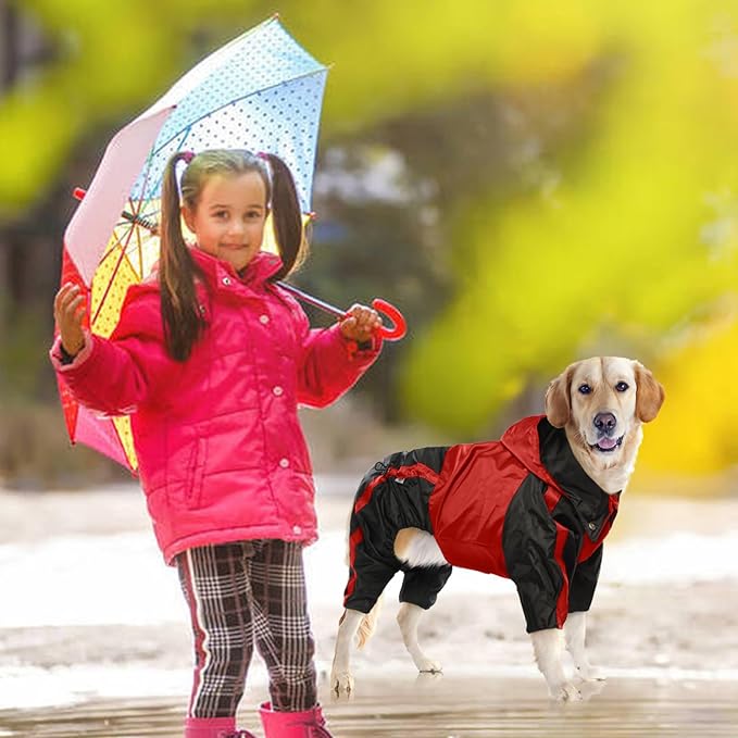 Dog Raincoat, Waterproof Dog Rain Coats for Large Dogs, Lightweight Rain Jacket, Adjustable 4 Legs Pet Poncho with Hood, Snow-Proof Dog Vest Rainwear, Rain Clothes Apparel with Leash Hole
