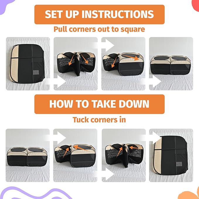 2-in-1 Pop Up Cat Playpen, Detachable into 2 Separate Pens with Additional Doors, Assembly-Free Portable Dog Crates Pet Pen Tent Kennel Kitten Puppy Enclosure Cage Indoor Outdoor Foldable Condo(M)