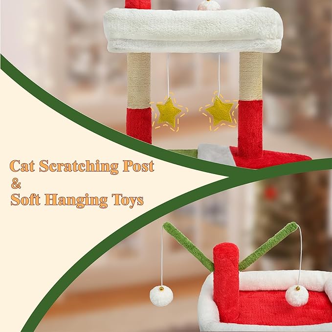 BYBYME 32" Christmas Cat Tree, Christmas Party Decoration for Cats, Sturdy Cat Furniture Set with Cat House, Hanging Toys, Scratching Sisal-Covered Posts（15.7 * 11.8 * 32in）