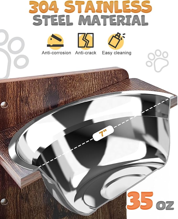 Elevated Dog Bowls, Adjustable Raised Dog Bowl Stand for Medium Size Dogs and Cats, Durable Bamboo Dogs Feeder with 2 Stainless Steel Bowls and Non-Slip Feet, Pet Food Bowl for Medium Sizes