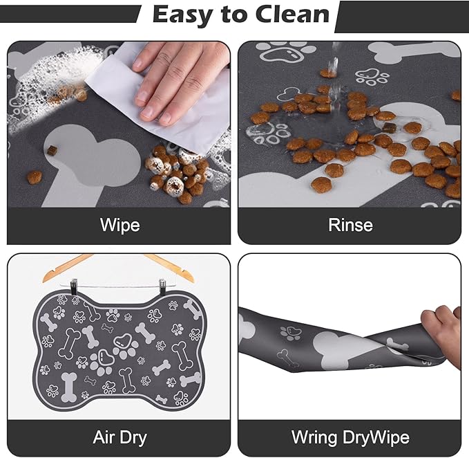 Dog Cat Food Mat,Rapid Absorbent Pet Feeding Mat, Bone Shaped Dog Placemat Water Bowl Mat with Rubber Backing,No Stains Dog Cat Food Mats Indoor, Pet Accessories Supplies 12"x18" Dark Grey