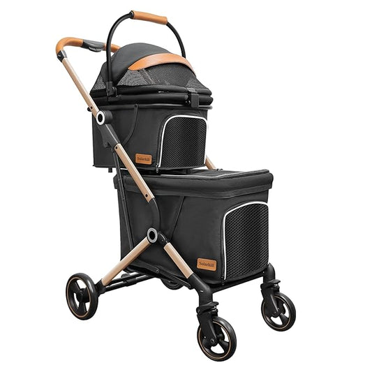 Double Dog Stroller for Small Dogs - 4 Wheels Medium Dog Jogger Stroller Detachable Cat Carriage, Storage Basket and One-Button Folding Frame for Pets Walk