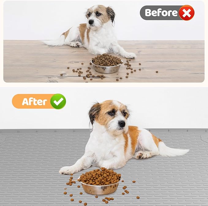 Dog Food Mat, Extra Large 34" x 22" Silicone Pet Feeding Mat with Raised Edge Pet Placemat for Small, Medium, and Large Pets Non-Slip, Easy to Clean (Light Grey)