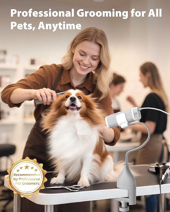 L&W BROS. 2-in-1 Pet Hair Dryer with Clamp Stand – Wearable & Hands Free Dog Grooming Dryer, 950W Low Noise Blower with 5 Heat & 3 Speed Settings, for Small to Medium Pets (White)