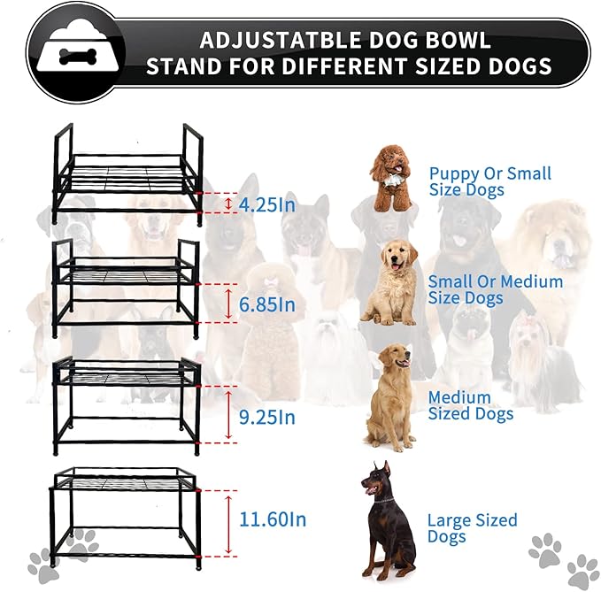 Lifted Dog/Cat Bowl Stand, Raised Dog Bowl Holder for Existing Bowls, 4 Adjustable Heights for Puppy, Small, Medium and Large Size Dogs.