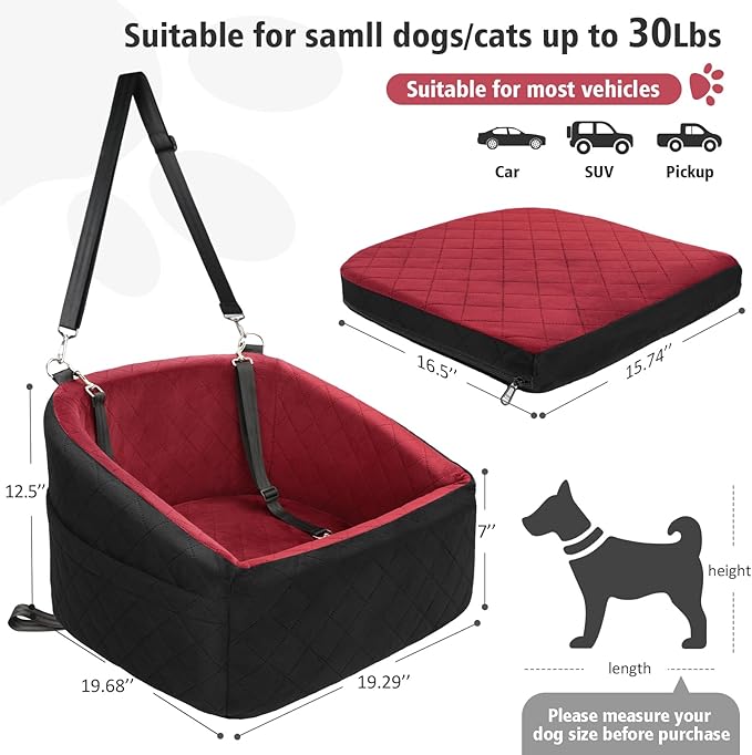 Dog Car Seat for Small Medium Dogs,Detachable Washable Dog Booster Seat Under 30lbs, Pet Car Seats Travel Bed with Storage Pockets and Safety Belt（Black/Red）