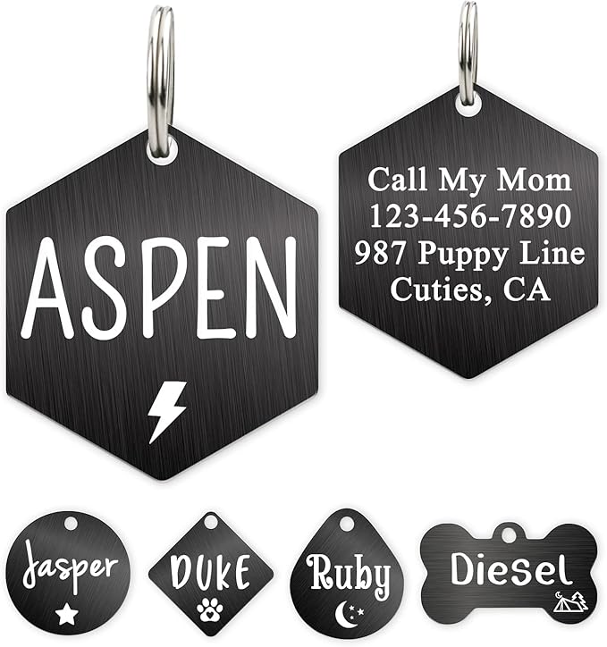 Ultra Joys Personalized Custom Dog ID Tag - Brushed Stainless Steel Hexagon, Black, Small