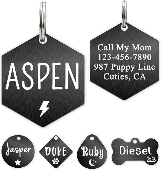 Ultra Joys Personalized Custom Dog ID Tag - Brushed Stainless Steel Hexagon, Black, Small