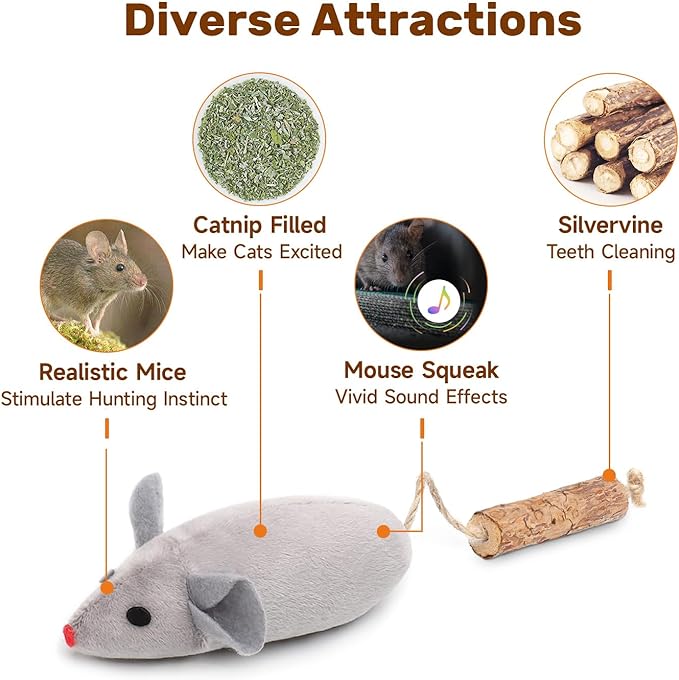 Potaroma Cat Toys: 3pcs Squeak Mice Interactive Catnip Silvervine Animals for Indoor Kittens - Dental Matatabi Cat Nip & Chew Exercise Toy for All Breeds & Species