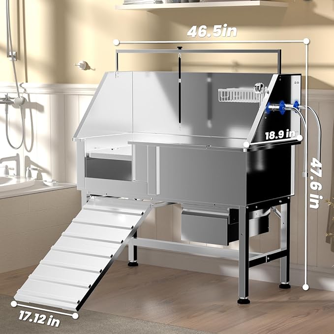 46" Dog Washing Station, Professional Stainless Steel Dog Bathtub w/Ramp & Storage Drawer, Adjustable Grate, Non-Slip Design, Perfect for Home Grooming & Large Dogs (46" Left Ramp)