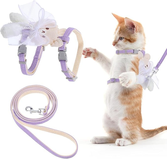TIESOME Cat Harness and Leash Set, Adjustable Gradient Kitten Harness Escape Proof Harness with Leash for Kitty Outdoor Walking (Ribbon Bear Purple)