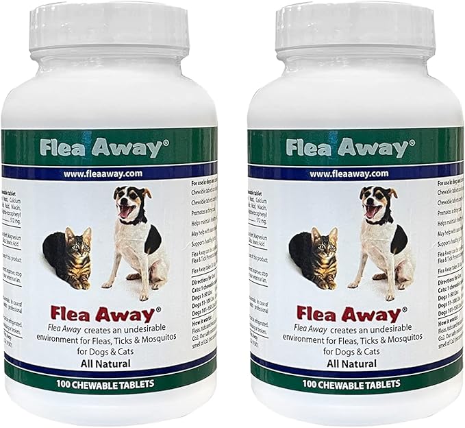 Flea Away All Natural Supplement for Fleas, Ticks, and Mosquitos Prevention for Dogs and Cats, 100 Chewable Treat Tablets, 2 Pack